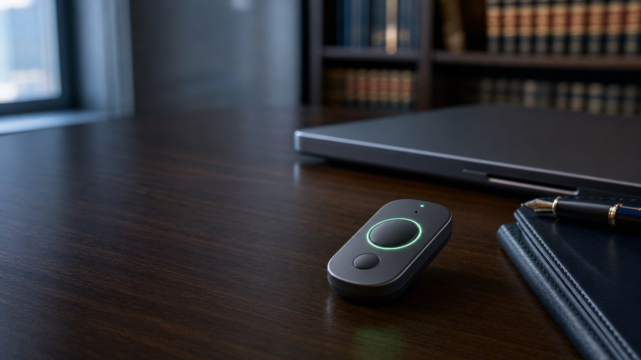 De RPlay Button, een klein zwart toestel met twee knoppen en een mintgroene ring, op een houten bureau naast een laptop en een vulpen.